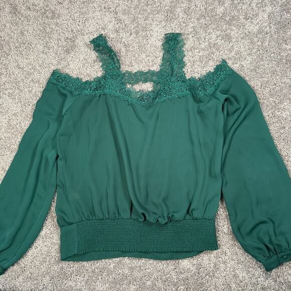 Bebe Green Lace Mesh Open Shoulder Top M Fairy Grunge Romantic Gothic Cottage - Picture 7 of 8